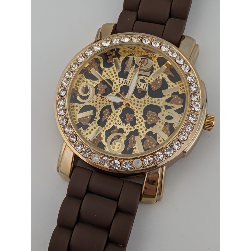 Gruen II Watch Women 43mm Case Cheetah Dial Brown Silicone Band- New Battery